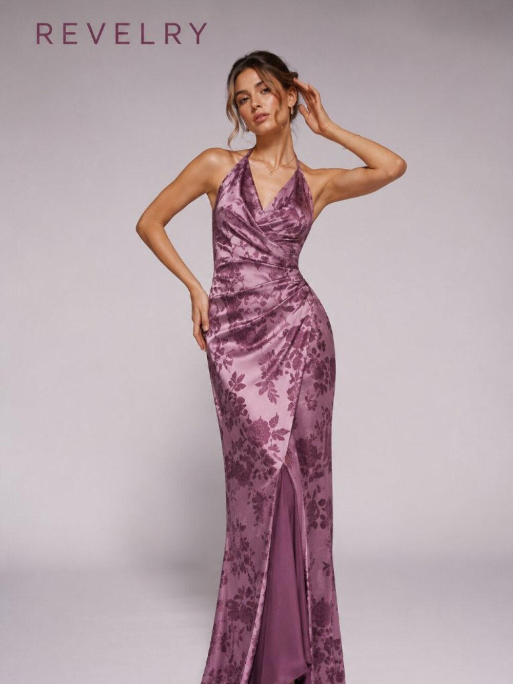 Revelry Size 6 Mauve Floral Satin Halter Maxi Dress Open Back Bridesmaid Gown